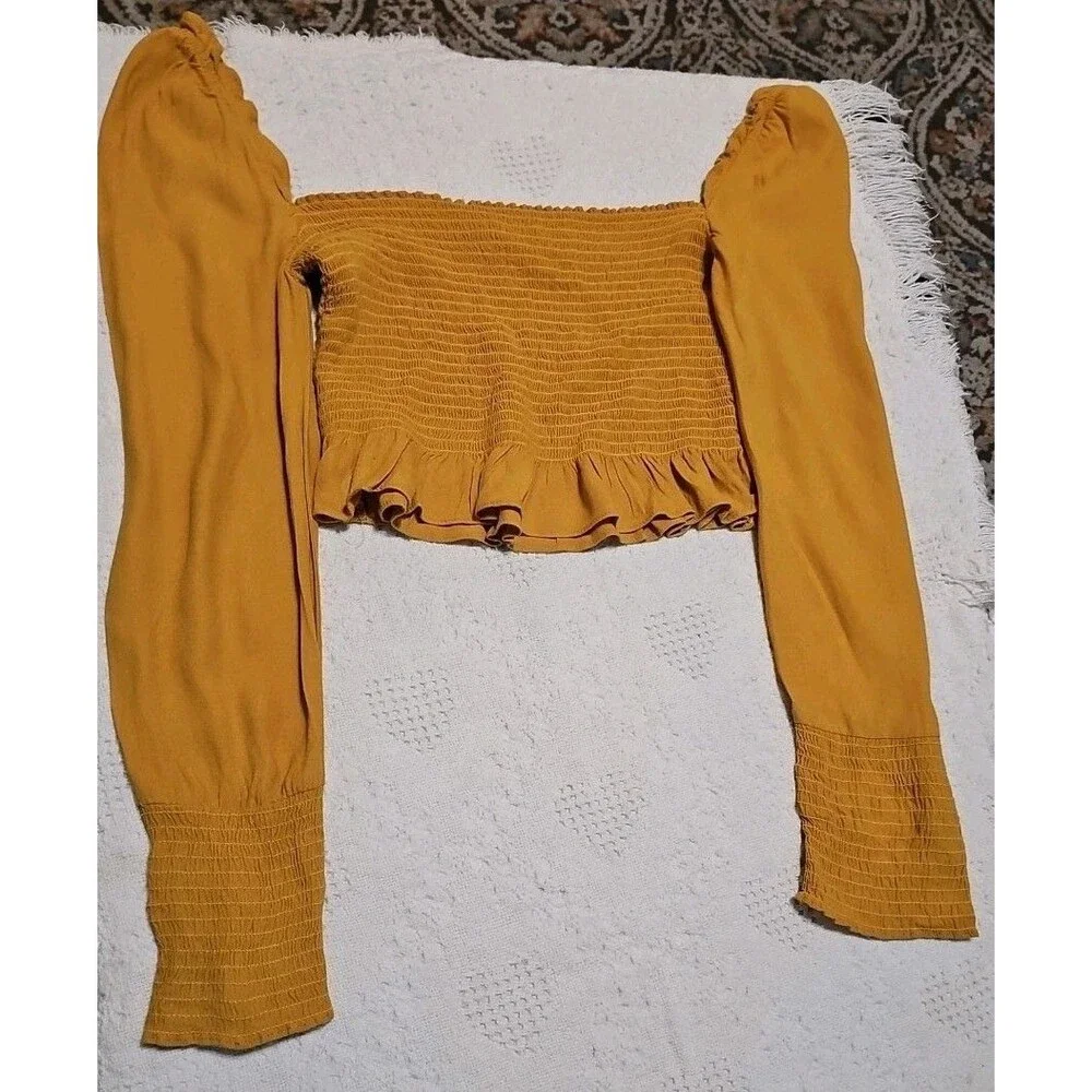 Reformation Mustard Yellow Smocked Crop Top Blouse Square Neck Long Sleeve Sz S